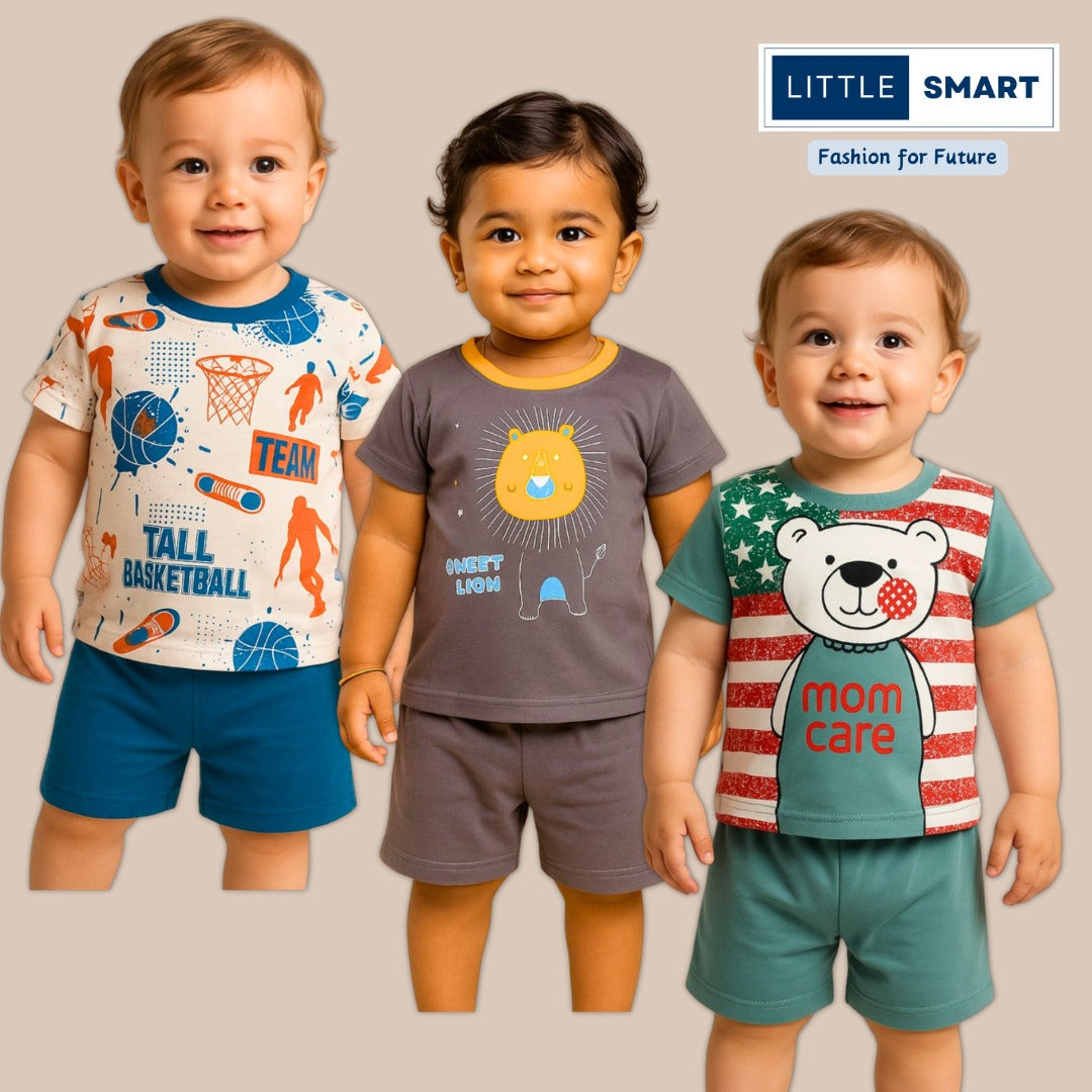 “Little Smart Boys Printed T-Shirt & Shorts Set – Pack of 3 | Soft Cotton Summer Wear”