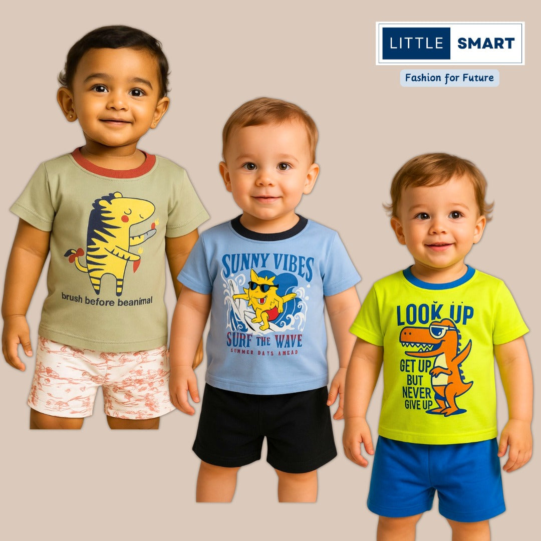 “Little Smart Boys Printed T-Shirt & Shorts Set – Pack of 3 | Soft Cotton Summer Wear”