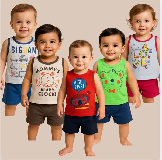 Cute Summer Wear for Boys - Sleeveless Top & Shorts (Combo Pack of 5)