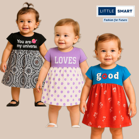 “Little Smart Girls Cotton Frock Dress Set – Pack of 3”