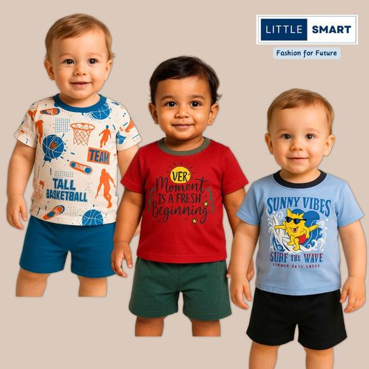 “Little Smart Boys Printed T-Shirt & Shorts Set – Pack of 3 | Soft Cotton Summer Wear”