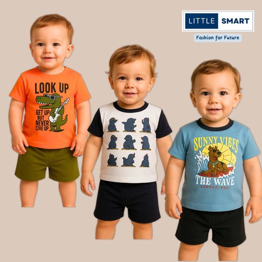 “Little Smart Boys Printed T-Shirt & Shorts Set – Pack of 3 | Soft Cotton Summer Wear”