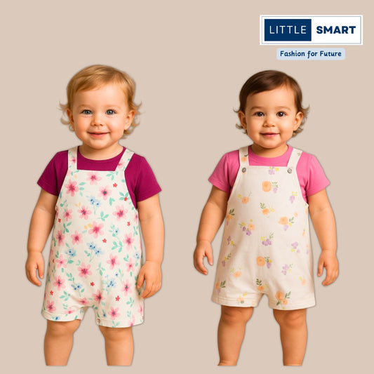 “Little Smart Girls Cotton Dungaree Shorts with T-Shirt – Pack of 2”