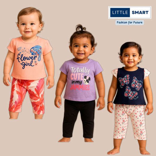 “Little Smart Girls Cotton T-Shirt & Capris Set – Pack of 3”