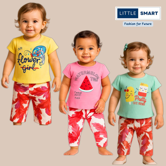 “Little Smart Girls Cotton T-Shirt & Capris Set – Pack of 3”