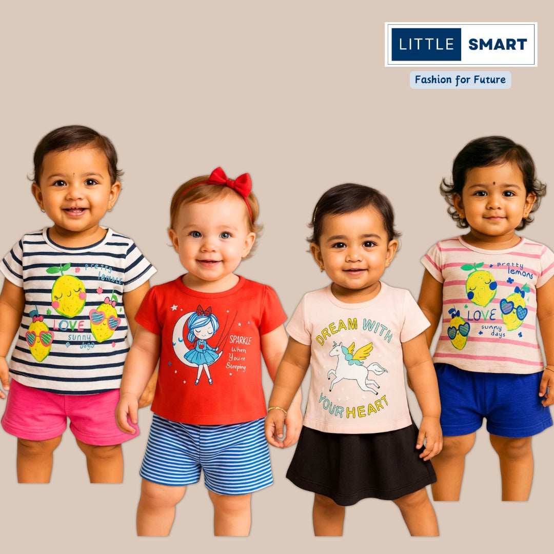 “Little Smart Girls Casual T-Shirt & Shorts Set – Pack of 4”
