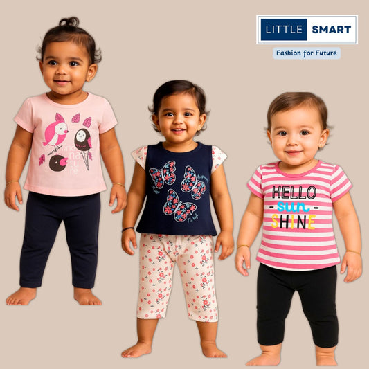 “Little Smart Girls Cotton T-Shirt & Capris Set – Pack of 3”
