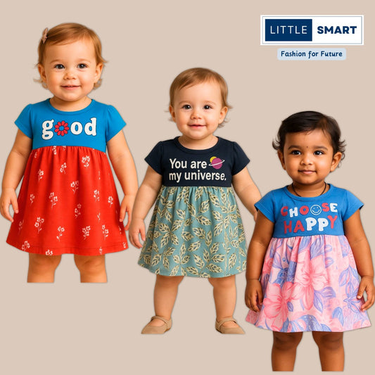 “Little Smart Girls Cotton Frock Dress Set – Pack of 3”